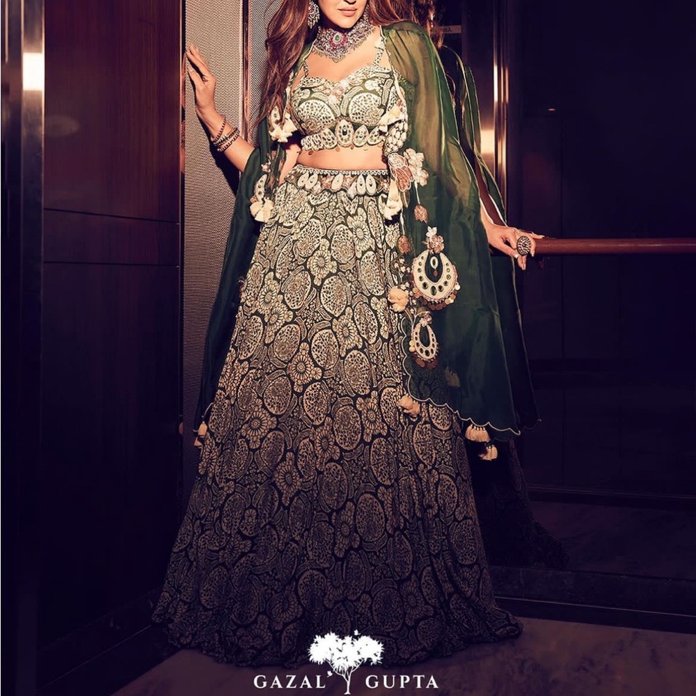 DESIGNER Gazal Gupta green cape lehenga